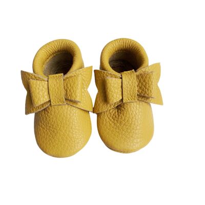 Leather Baby Moccasin bow shoe - Mustard - Mustard