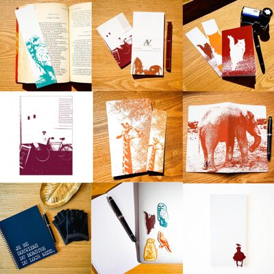 Schreibwaren-Umsetzungspaket „Tiere“ – Notizbücher A6, A5 + Postkarten + Notizblöcke + Lesezeichen (Katze, Hund, Giraffe, Elefant, Giraffe, Vogel)