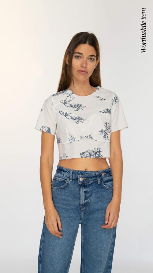 Toile crop top with round neckline and short sleeves
