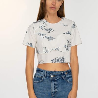 Toile crop top with round neckline and short sleeves