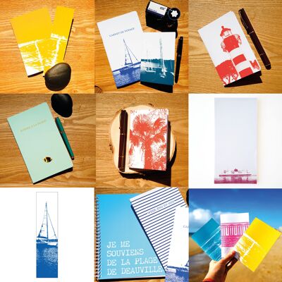 Pack implementación de papelería “Seaside”: cuadernos A6 y A5 + marcapáginas + bloc de notas (playa, mar, pájaro, faro, sol, palmera)