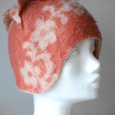 Salmon Pink Flower Hat | beanie of vintage blanket