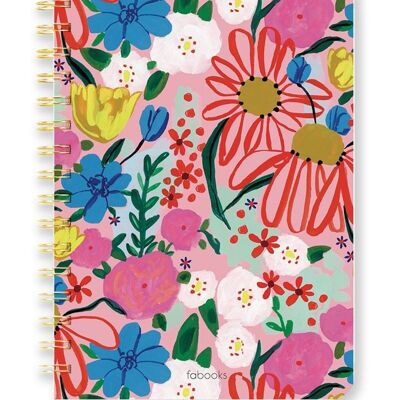 Carnet floral rose - Ligné, couverture rigide, spirale, couverture dessinée à la main / SKU175