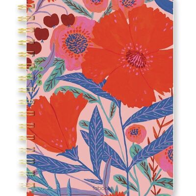 Cuaderno floral rojo: rayado, tapa dura, espiral, ilustración dibujada a mano / SKU177