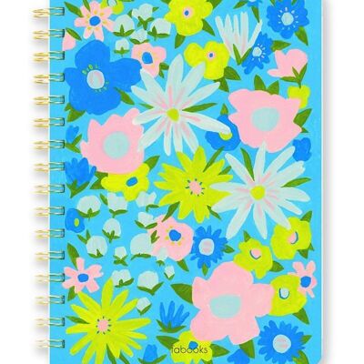 Carnet floral bleu - Ligné, couverture rigide, spirale, couverture dessinée à la main / SKU182