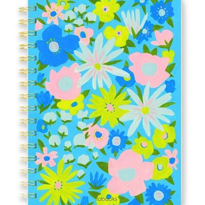 Carnet floral bleu - Ligné, couverture rigide, spirale, couverture dessinée à la main / SKU182
