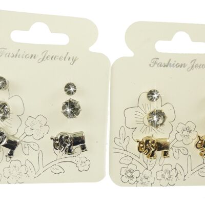 3 Pairs Crystal Earrings on a Card - Elephant