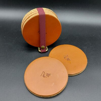 Set of 6 handmade 3mm medium brown leather coasters that come in a pack with a metal square base.Opplav Dalbanerx6