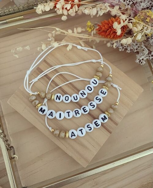 Bracelet cordon polyester - Perles facettées beige - Message