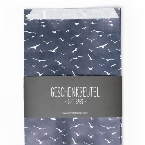 8 Maritime Geschenkbeutel "Möwen" blau