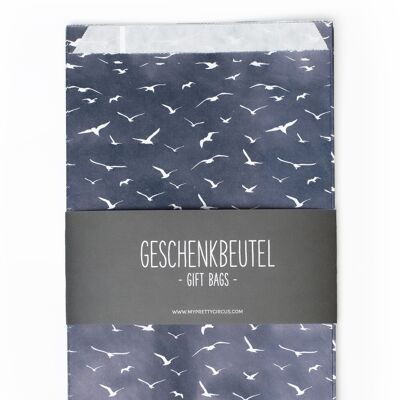 8 Maritime Geschenkbeutel "Möwen" blau