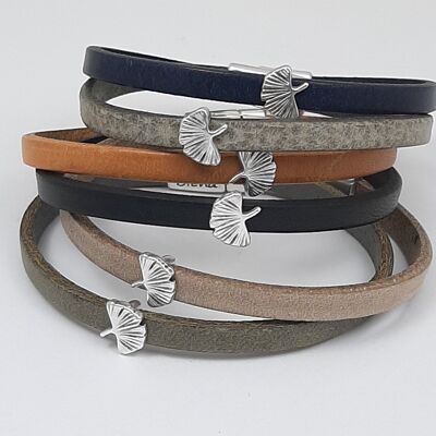 Semplice leather bracelet Ginkgo Biloba silver plated (set 6)