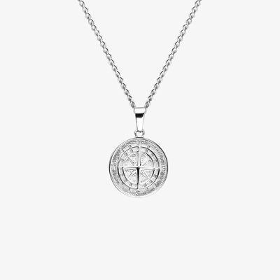54 floral compass pendant necklace chain - silver