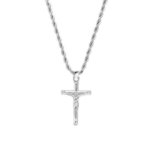 54 floral crucifix cross pendant snake twist necklace chain - silver