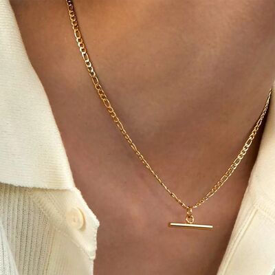 54 FLORAL T BAR PENDANT 2mm CURB NECKLACE CHAIN - GOLD