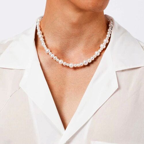 54 FLORAL 12mm CONTRAST SIZE PEARL NECKLACE BEAD NECKLACE CHAIN-White
