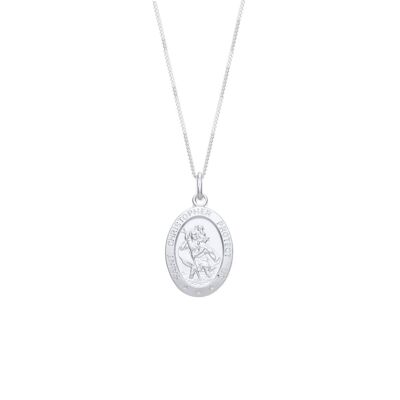 54 floral oval saint christopher pendant necklace chain - silver