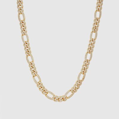 54 FLORAL 12mm ICED TENNIS CRYSTAL FIGARO DIAMOND CURB NECKLACE CHAIN - GOLD