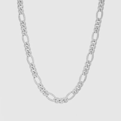 54 FLORAL 12mm ICED TENNIS CRYSTAL FIGARO DIAMOND CURB NECKLACE CHAIN - SILVER