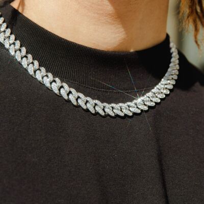 54 FLORAL 10mm ICED TENNIS CRYSTAL DIAMOND CURB NECKLACE CHAIN - SILVER