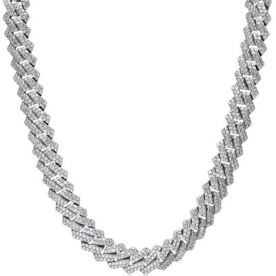 54 FLORAL 12mm ICED GEOMETRIC TENNIS DIAMOND CURB NECKLACE CHAIN - SILVER