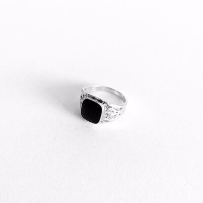 54 ANILLO DE SELLO DE ONIX NEGRO ADORNADO FLORAL - PLATA