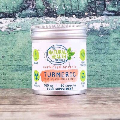 Organic Turmeric and Black Pepper Capsules - Plastic Free - 60 Capsules - Tin