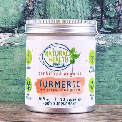 Organic Turmeric and Black Pepper Capsules - Plastic Free - 90 Capsules - Tin