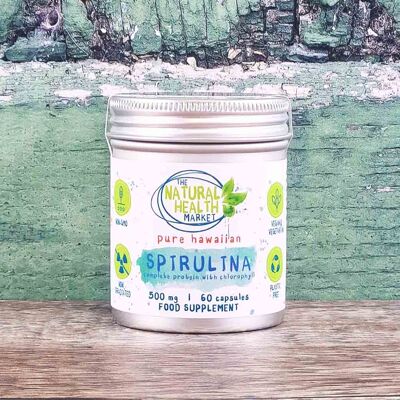 Hawaiian Spirulina Capsules 500mg - Plastic Free - 60 Capsules - Tin