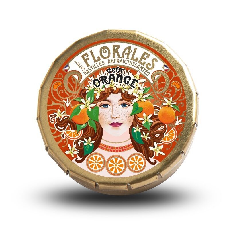 Erfrischende Orangengeschmackstabletten – Jugendstil-Box (Mucha-Inspiration)