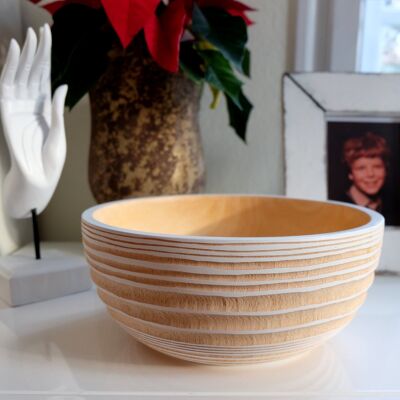 Wooden bowl, fruit bowl, salad bowl, Tribal model in white-natural, XL (Øxh) 30cm x 12.5cm