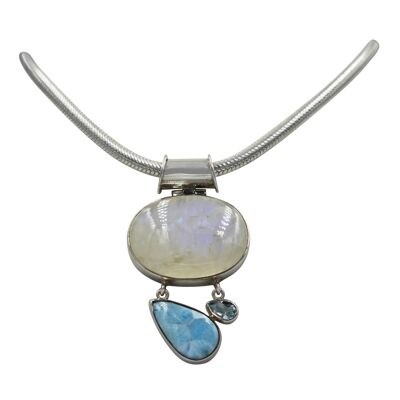 Moonstone Statement Pendant Accent With Complementary Blue Colours from Blue Topaz and Larimar, Handcrafted on Sterling Silver / SKU101