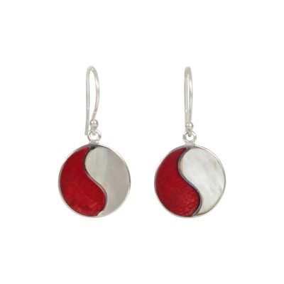 Striking Mother of Pearl and Coral Combined Circle Earrings With Sterling Silver / SKU182