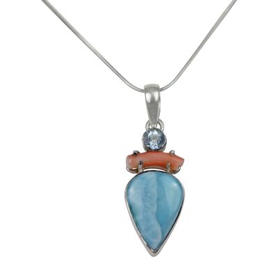 A Charming Inverted Teardrop Shaped Larima Pendat  Accent With a Natural Coral Branch and a Beautiful Faceted Bluetapz / SKU204