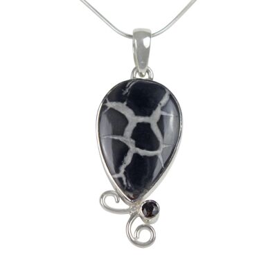 Teardrop Shaped Septarian Gronate  Pendant Accents With a Smoky Quartz on Silver Work / SKU205
