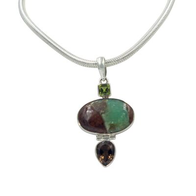 Oval-shaped Serpentine Handcrafted Statement Pendant Accent With a Faceted Smoky Quartz / SKU207