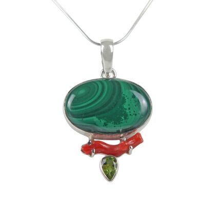 Pretty Oval Shaped Malachite  Accent With a Red Coral Branch and a Beautiful Faceted Peridot / SKU261