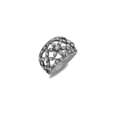 Timeless Classics Art Nouveau Sterling Silver  Ring Band With Crystal Studded Petals / SKU293
