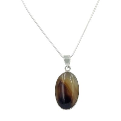 Very Beautiful Long Oval-shaped Banded Agate Pendant Handcrafted on .925 Sterling Silver / SKU366