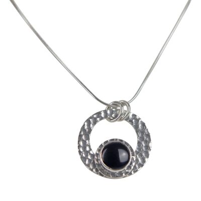 Cabochon Cut Black Spinel in a Beautifully Handcrafted Textured Sterling Silver Pendant / SKU407
