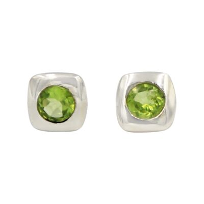 Square Shaped Sterling Silver Stud Earring With a Round Faceted Gemstone / SKU416