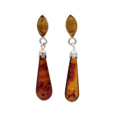 Sterling Silver Double Amber  Drop Earring With a Butterfly Push Back / SKU444