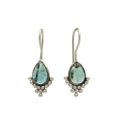 Handcrafted Sterling Silver Earrings With a Tear Drop Cabochon Gemstone Accent With Dripping Silver Dots. / SKU449
