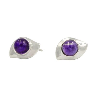 Sterling Silver Evil Eye Stud Earring With a Round Cabochon Amethyst / SKU457