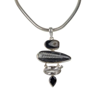 Natural Orthocerase Fossils Pendant Accent With a Black Agate, Black Spinal and Natural Crystal / SKU463