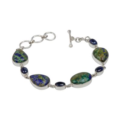 Beautiful Azurite Malachite Sterling Silver Bracelet Accented With Iolite Gems / SKU490