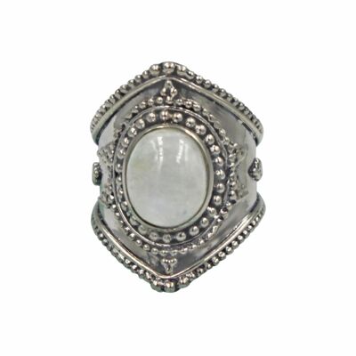 Sundari Handcrafted High Polished Sterling Silver Statement Ring With a Beautiful Cabochon Cut Rainbow Moonstone / SKU492
