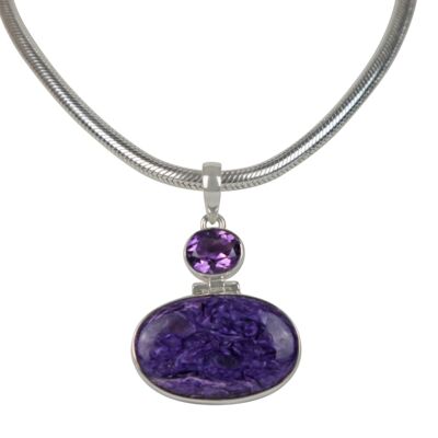 Very Beautiful Purple Colour Oval Cut Chorite Pendant Sitting Horizontally With a Very Beautiful Faceted Amethyst / SKU502
