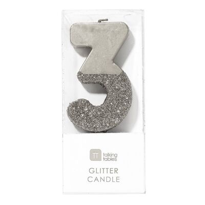 We Heart Birthdays Glitter Number Candle 3, Silver