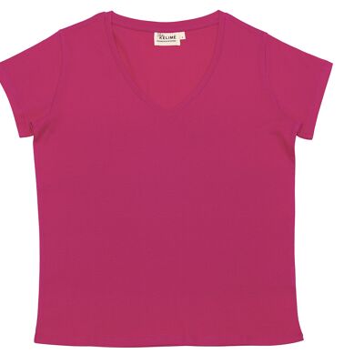 Camiseta manga corta cuello pico ROSA FUCSIA 100% algodón orgánico